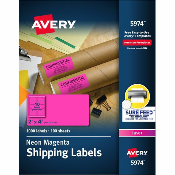 Avery&reg; 2"x 4" Neon Shipping Labels with Sure Feed&reg;, neon Pink labels for Laser Printers, 1,000 Neon Labels (5974) - Avery&reg; 2" x 4" Neon Shipping Labels with Sure Feed, 1,000 Labels (5974)