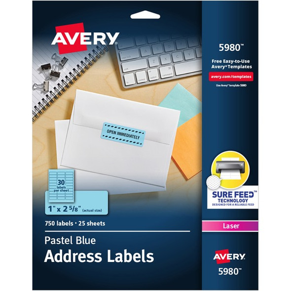 Avery&reg; Shipping Labels - 1" Width x 2 5/8" Length - Permanent Adhesive - Rectangle - Laser - Pastel Blue - Paper - 30 / Sheet - 25 Total Sheets - 750 Total Label(s) - 750 / Pack