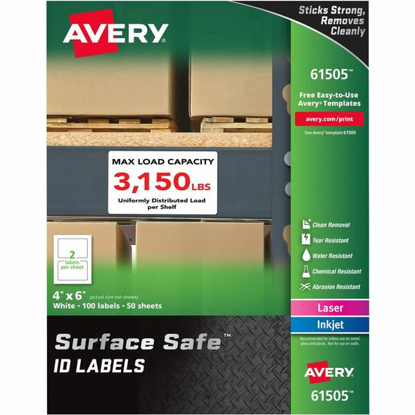 Avery&reg; Surface Safe ID Labels - 4" Width x 6" Length - Removable Adhesive - Rectangle - Laser, Inkjet - White - Film - 2 / Sheet - 50 Total Sheets - 100 Total Label(s) - 5 - Water Resistant