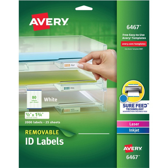 Avery&reg; Removable I.D. Laser/Inkjet Labels - 1/2" Width x 1 3/4" Length - Removable Adhesive - Rectangle - Laser, Inkjet - White - Paper - 80 / Sheet - 25 Total Sheets - 2000 Total Label(s) - 5