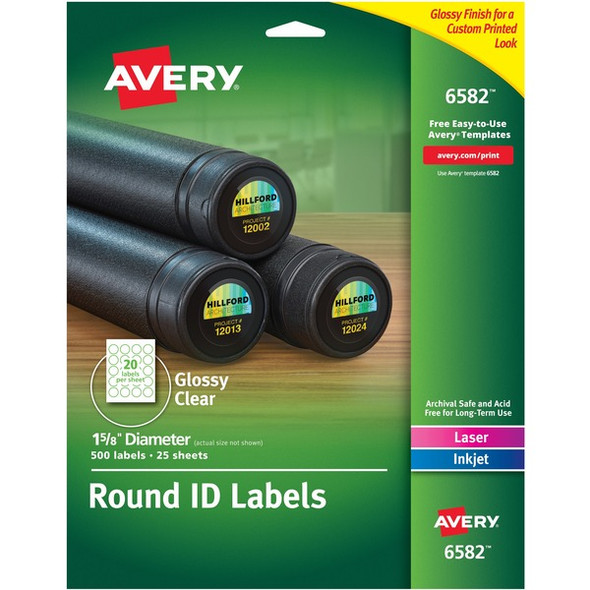Avery&reg; Glossy Permanent Multipurpose Round Labels - - Width1 5/8" Diameter - Permanent Adhesive - Round - Laser, Inkjet - Clear - Film - 20 / Sheet - 25 Total Sheets - 500 Total Label(s) - 5