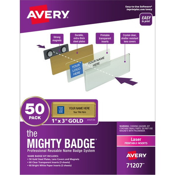 The Mighty Badge&reg; Name Badge Kits - Plastic - Gold - 5 / Carton