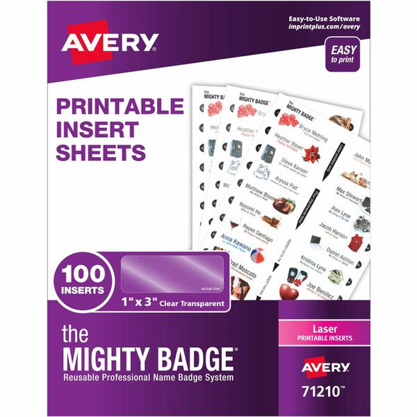 The Mighty Badge&reg; The Mighty Badge Printable Insert Sheets, 100 Clear Inserts, Laser - 1" x 3" - 100 / Pack - Printable, Non-adhesive, Easy Peel, Reusable - Clear