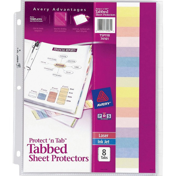 Avery&reg; Tabbed Sheet Protectors - 10 x Sheet Capacity - For Letter 8 1/2" x 11" Sheet - 3 x Holes - Ring Binder - Top Loading - Clear - Polypropylene - 8 / Set