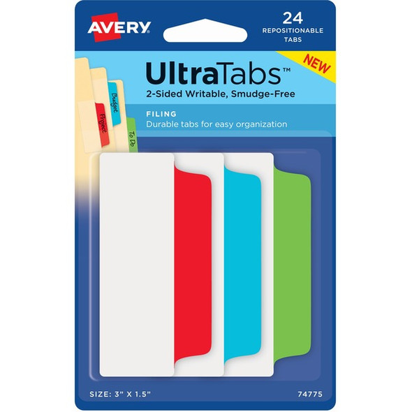 Avery&reg; Ultra Tabs File Tab - 1152 Tab(s) - 1.50" Tab Height x 3" Tab Width - Red Film, Clear Paper, Blue, Green Tab(s) - 48 / Carton
