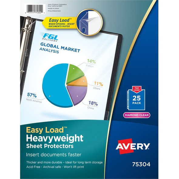 Avery&reg; Heavyweight Sheet Protectors -Acid-free - Sheet Capacity - For Letter 8 1/2" x 11" Sheet - Ring Binder - Top Loading - Diamond Clear - Polypropylene - 25 / Pack