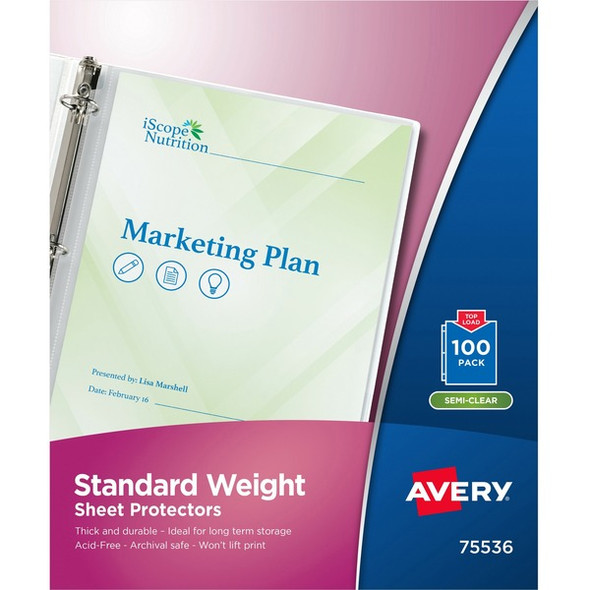 Avery&reg; Standard Weight Sheet Protectors - Sheet Capacity - For Letter 8 1/2" x 11" Sheet - Ring Binder - Top Loading - Clear - Polypropylene - 100 / Box