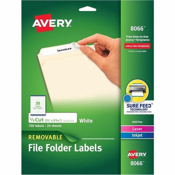 Avery&reg; Removable File Folder Labels - 21/32" Width x 3 7/16" Length - Removable Adhesive - Rectangle - Laser, Inkjet - White - Paper - 30 / Sheet - 25 Total Sheets - 750 Total Label(s) - 750 / Pack