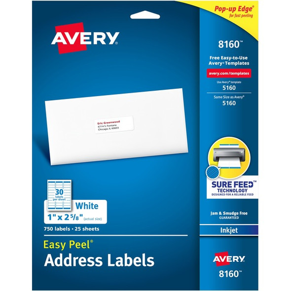 Avery&reg; Easy Peel&reg; Address Labels with Sure Feed&trade; Technology - 1" Width x 2 5/8" Length - Permanent Adhesive - Rectangle - Inkjet - White - Paper - 30 / Sheet - 25 Total Sheets - 750 Total Label(s) - 750 / Pack