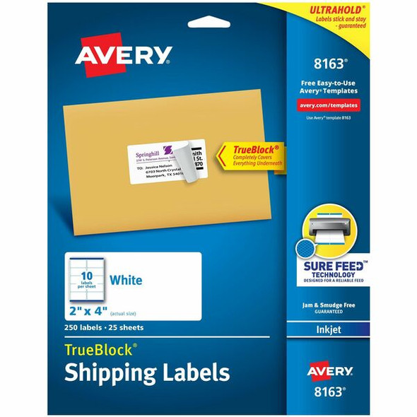 Avery&reg; TrueBlock&reg; Shipping Labels, Sure Feed&reg; Technology, Permanent Adhesive, 2" x 4" , 250 Labels (8163) - Avery&reg; Shipping Labels, Sure Feed&reg;, 2" x 4" , 250 Labels (8163)