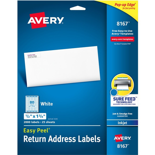 Avery&reg; Easy Peel White Inkjet Mailing Labels - 1 3/4" Width x 1/2" Length - Permanent Adhesive - Rectangle - Inkjet - White - Paper - 80 / Sheet - 25 Total Sheets - 2000 Total Label(s) - 5