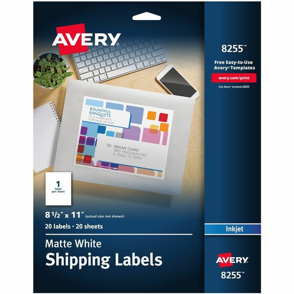 Avery&reg; White Shipping Labels, Permanent Adhesive, 8-1/2" x 11" , 20 Labels (8255) - Avery&reg; White Shipping Labels, 8-1/2" x 11" , 20 Labels (8255)