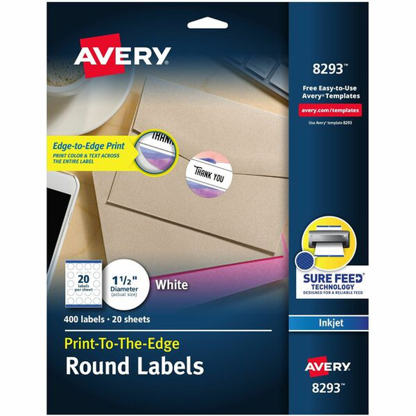 Avery&reg; High Visibility Round Labels - - Width1 1/2" Diameter - Permanent Adhesive - Round - Inkjet - White - Paper - 20 / Sheet - 20 Total Sheets - 400 Total Label(s) - 20 / Pack - Print-to-the Edge, Permanent Adhesive, Stick & Stay
