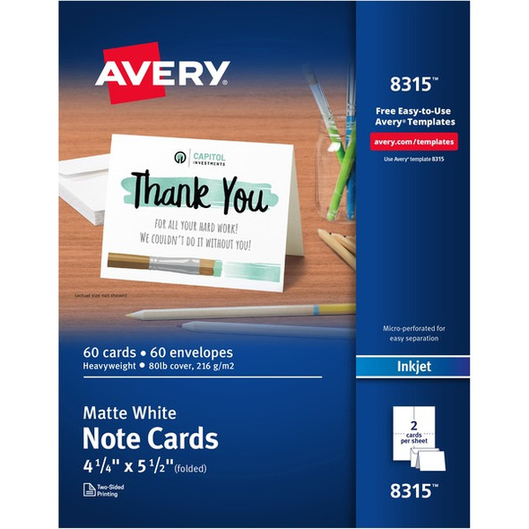 Avery&reg; Note Cards - 97 Brightness - 5 1/2" x 4 1/4" - Matte - 60 / Box - Heavyweight, Smooth Edge - White