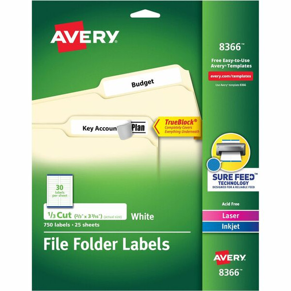 Avery&reg; File Folder Labels - Permanent Adhesive - Rectangle - Laser, Inkjet - White - Paper - 30 / Sheet - 25 Total Sheets - 750 Total Label(s) - 750 / Pack