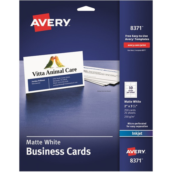 Avery&reg; Sure Feed Business Cards - 97 Brightness - A8 - 2" x 3 1/2" - Matte - 250 / Pack - Perforated, Heavyweight, Smooth Edge - White