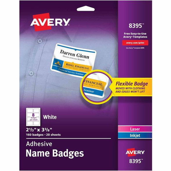 Avery&reg; Adhesive Name Badges - 2 21/64" Width x 3 3/8" Length - Removable Adhesive - Rectangle - Laser, Inkjet - White - Film - 8 / Sheet - 20 Total Sheets - 160 Total Label(s) - 160 / Pack