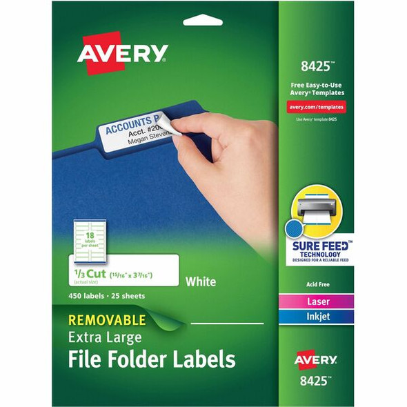 Avery&reg; Extra-large TrueBlock Filing Labels - Removable Adhesive - Rectangle - Laser, Inkjet - White - Paper - 18 / Sheet - 25 Total Sheets - 450 Total Label(s) - 450 / Pack