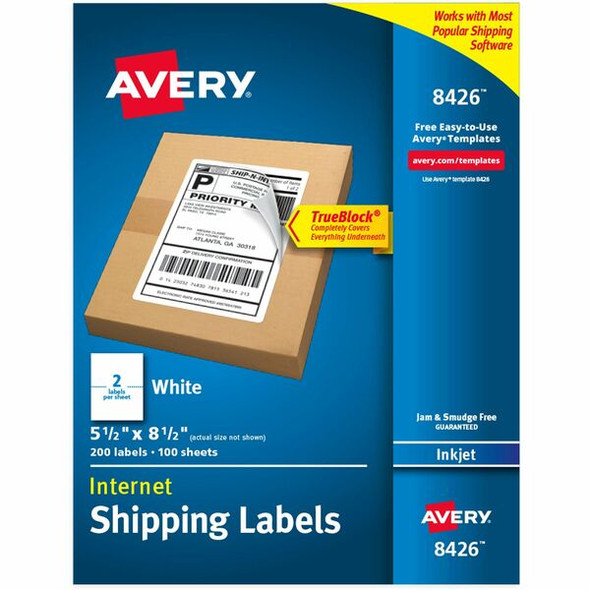 Avery&reg; Printable Blank Shipping Labels, 5.5" x 8.5" , White, 200 Labels, Inkjet Printer, Permanent Adhesive (8426) - Avery&reg; Printable Shipping Labels, 5.5" x 8.5" , 200 Labels (8426)