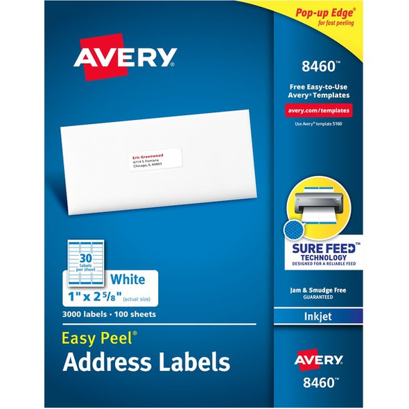 Avery&reg; Easy Peel White Inkjet Mailing Labels - 1" Width x 2 5/8" Length - Permanent Adhesive - Rectangle - Inkjet - White - Paper - 30 / Sheet - 100 Total Sheets - 3000 Total Label(s) - 3000 / Box