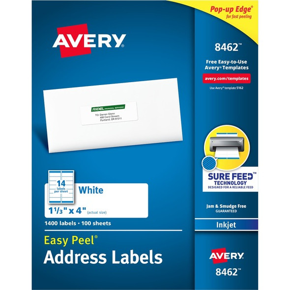 Avery&reg; Easy Peel White Inkjet Mailing Labels - 1 21/64" Width x 4" Length - Permanent Adhesive - Rectangle - Inkjet - White - Paper - 14 / Sheet - 100 Total Sheets - 1400 Total Label(s) - 1400 / Box