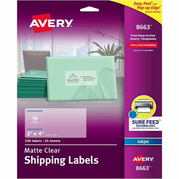 Avery&reg; Matte Clear Shipping Labels, Sure Feed&reg; Technology, Inkjet, 2" x 4" , 250 Labels (8663) - Avery&reg; Clear Shipping Labels, Sure Feed, 2" x 4" , 250 Labels (8663)