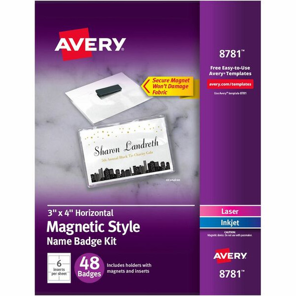 Avery&reg; Magnetic Style Name Badges - 3" x 4" - 48 / Box - Flexible, Reusable, Durable, Magnetic - White