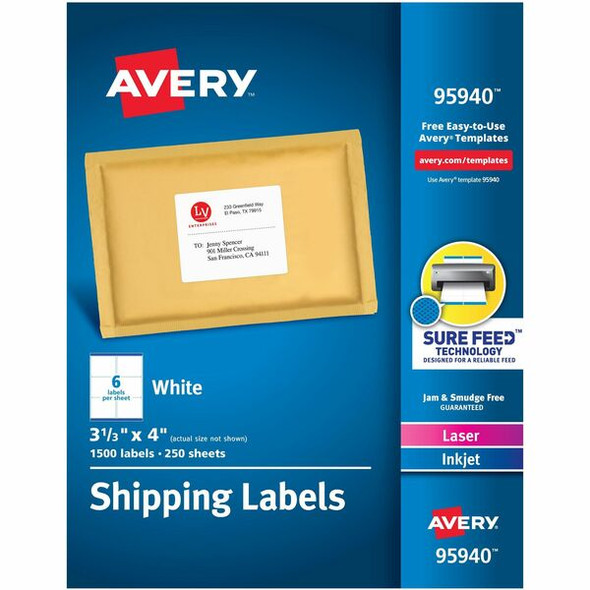 Avery&reg; Shipping Labels, Sure Feed&reg; Technology, Permanent Adhesive, 3-1/3" x 4" , 1,500 Labels (95940) - Avery&reg; Shipping Labels, Sure Feed, 3-1/3" x 4" , 1,500 Labels (95940)