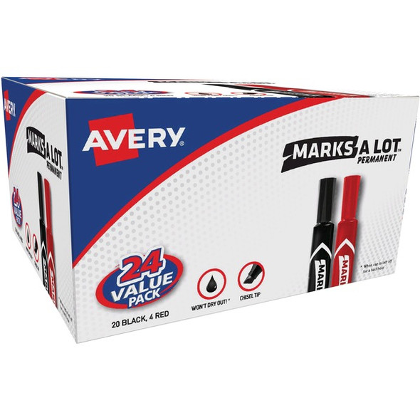 Avery&reg; Permanent Markers - 4.7625 mm Marker Point Size - Chisel Marker Point Style - Red, Black - 24 / Box