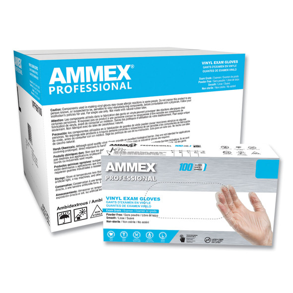 Vinyl Exam Gloves, Powder-Free, Medium, Clear, 100/Box