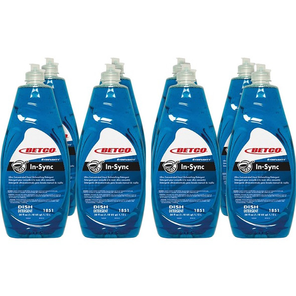Betco Simplicity In-Sync Dishwashing Liquid - Concentrate - 38 fl oz (1.2 quart) - Fresh Ozonic ScentBottle - 8 / Carton - Blue