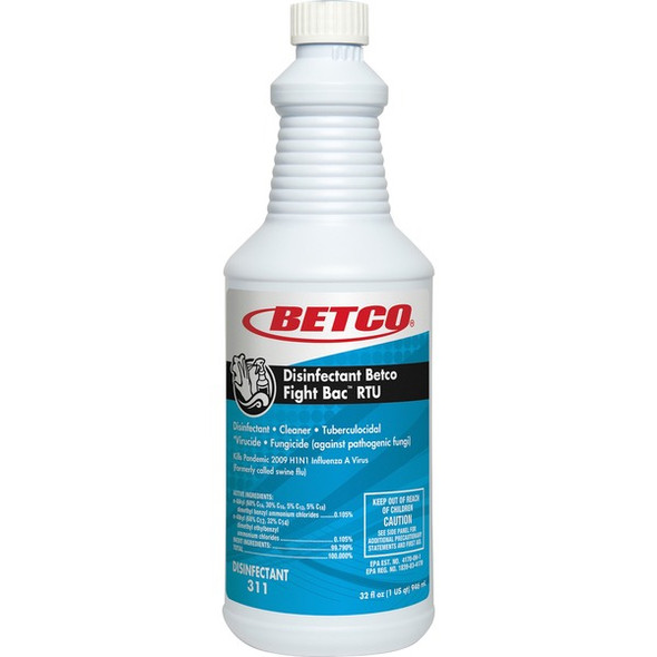 Betco Fight-Bac RTU Disinfectant Cleaner - Ready-To-Use - 32 fl oz (1 quart) - Citrus Floral Scent - 1 Each - Clear