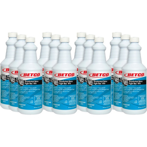 Betco Fight-Bac RTU Disinfectant Cleaner - Ready-To-Use - 32 fl oz (1 quart) - Citrus Floral Scent - 12 / Carton - Clear