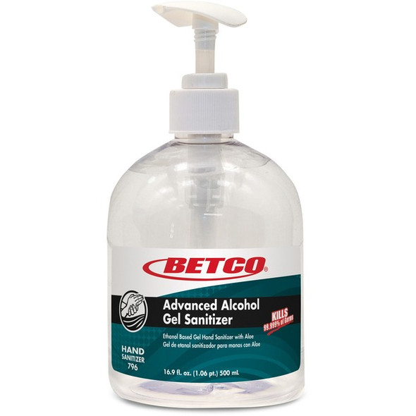 Betco Advanced Hand Sanitizer Gel - Fresh & Light Scent - 16.9 fl oz (500 mL) - Pump Bottle Dispenser - Kill Germs - Skin, Hand - Moisturizing - Clear - Non-sticky, Residue-free, Quick Drying, pH Neutral - 1 Each
