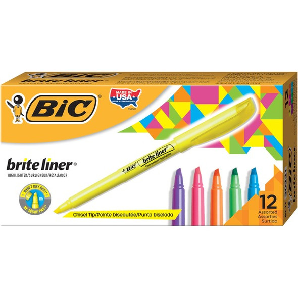 BIC Brite Liner Highlighter, Assorted, 12 Pack - Chisel Marker Point Style - Fluorescent Assorted - 12 Pack