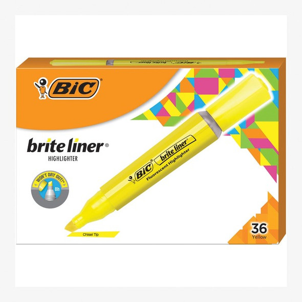 BIC Brite Liner Fluorescent Highlighters - Chisel Marker Point Style - Yellow - 1 Dozen