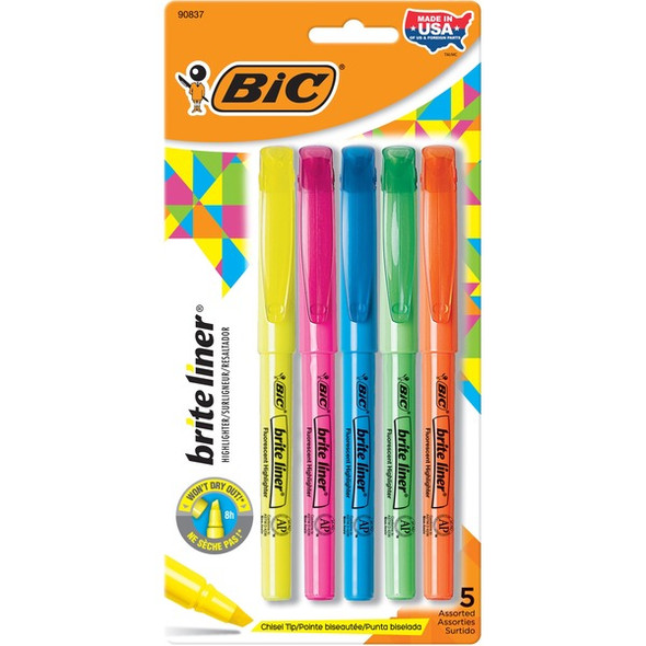 BIC Brite Liner Highlighter, Assorted, 5 Pack - Chisel Marker Point Style - Fluorescent Assorted - 5 Pack