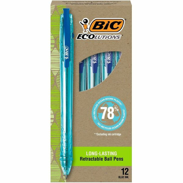 BIC Ecolutions Ballpoint Pen - Medium Pen Point - 1 mm Pen Point Size - Retractable - Blue - Semi Clear Barrel - 12 / Pack
