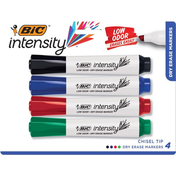 BIC Intensity Low Odor Dry Erase Marker, Tank, Assorted, 4 Pack - Chisel Marker Point Style - Assorted - 4 Pack