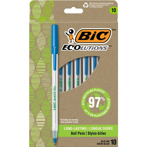 BIC Ecolutions Round Stic Ball Point Pen - Medium Pen Point - 1 mm Pen Point Size - Blue - Semi-transparent Barrel - 10 / Pack