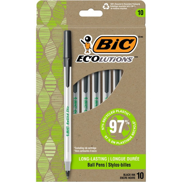 BIC Ecolutions Round Stic Ball Point Pen - Medium Pen Point - 1 mm Pen Point Size - Black - Semi-transparent Barrel - 10 / Pack