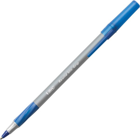 BIC Round Stic Grip Ballpoint Pen - Medium Pen Point - Blue - Frost Barrel - 1 Dozen