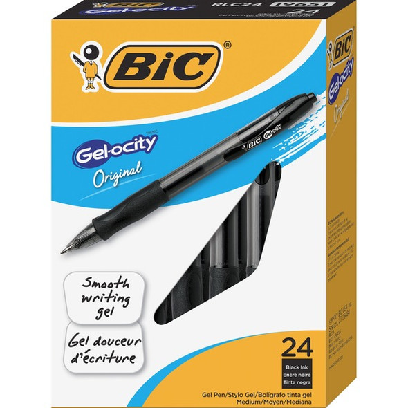 BIC Gel Retractable Pens - Medium Pen Point - 0.7 mm Pen Point Size - Retractable - Black Gel-based Ink - Tinted, Clear Barrel - 24 / Box