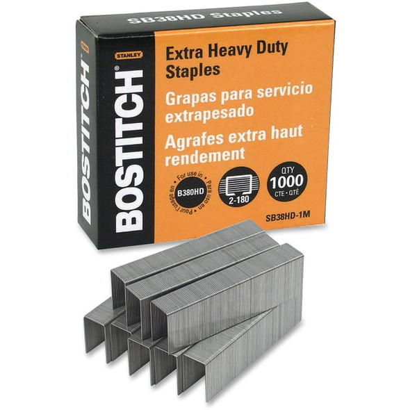 Bostitch B380-HD Stapler Heavy Duty Premium Staples - 100 Per Strip - Heavy Duty - Holds 180 Sheet(s) - for Paper - Chisel Point - Silver - Steel - 3" Height x 0.9" Width2.8" Length - 1000 / Box