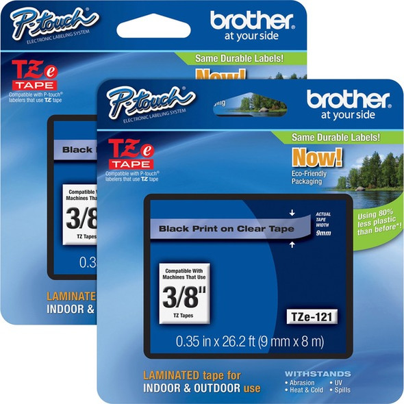 Brother P-touch TZe Laminated Tape Cartridges - 3/8" Width - Rectangle - Clear - 2 / Bundle - Water Resistant - Grease Resistant, Grime Resistant, Temperature Resistant