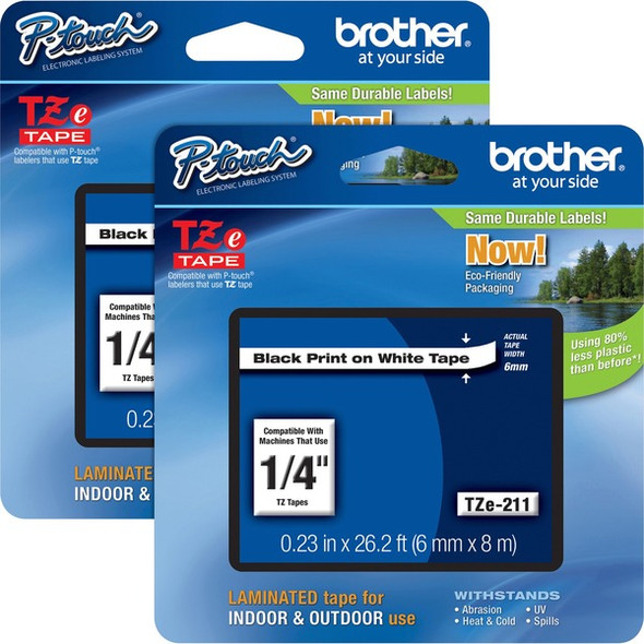 Brother P-touch TZe Laminated Tape Cartridges - 1/4" Width - Rectangle - White - 2 / Bundle - Water Resistant - Grease Resistant, Grime Resistant, Temperature Resistant