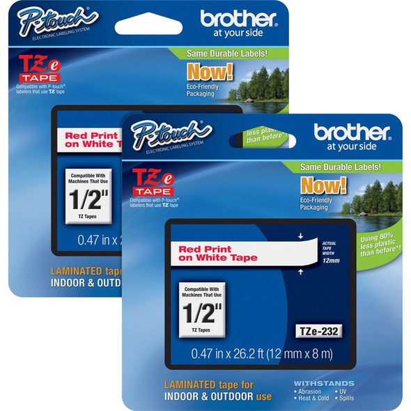 Brother P-touch TZe Laminated Tape Cartridges - 1/2" Width - Rectangle - White - 2 / Bundle - Water Resistant - Grease Resistant, Grime Resistant, Temperature Resistant