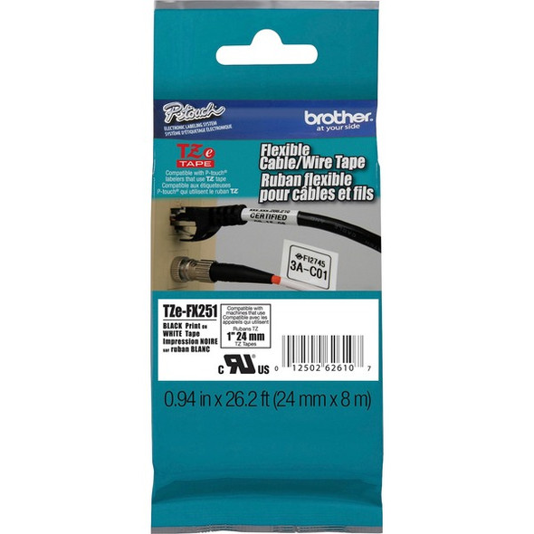Brother 1" Black on White Flexible ID Tape - 15/16" Width x 26 1/4 ft Length - Rectangle - Thermal Transfer - White - 1 Each
