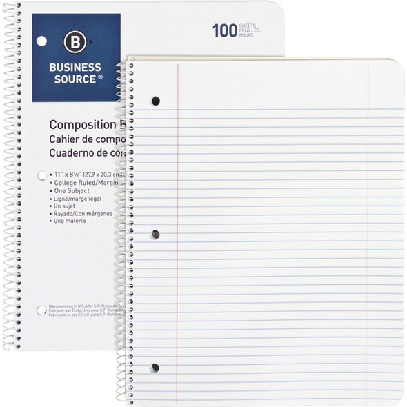 Business Source Wirebound College Ruled Notebooks - Letter - 100 Sheets - Wire Bound - 16 lb Basis Weight - Letter - 8 1/2" x 11" - White Paper - Stiff-back - 1 Each