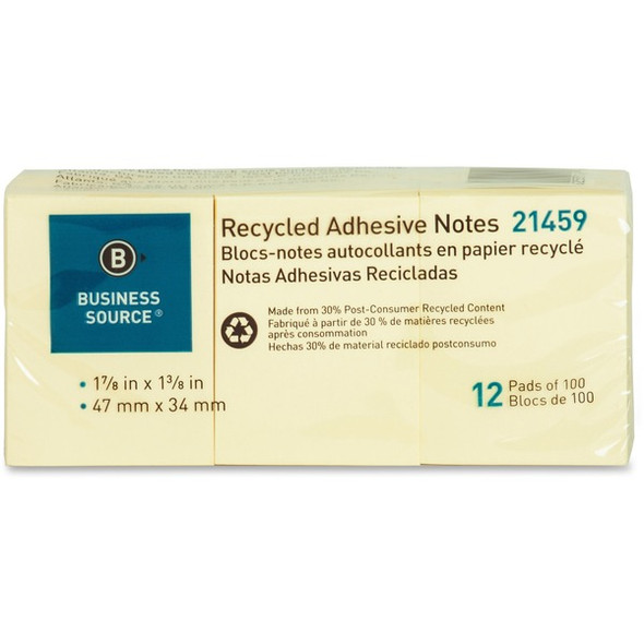 Business Source Yellow Adhesive Notes - 1.87" x 1.37" - Rectangle - Unruled - Yellow - Self-adhesive, Removable - 12 / Pack - Recycled